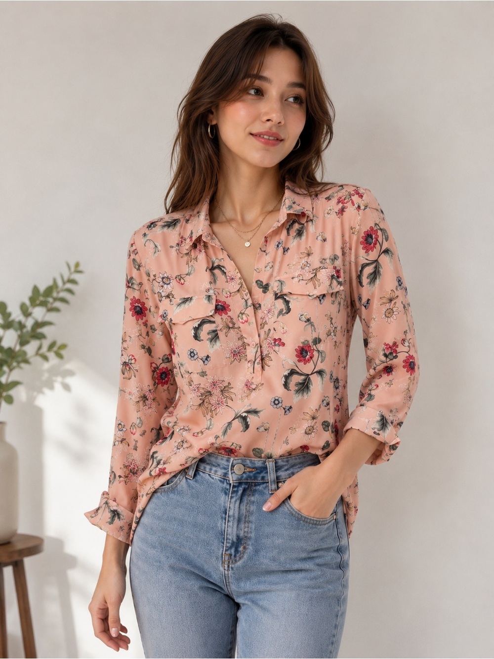 Floral Pink Button-Front Women’s Blouse